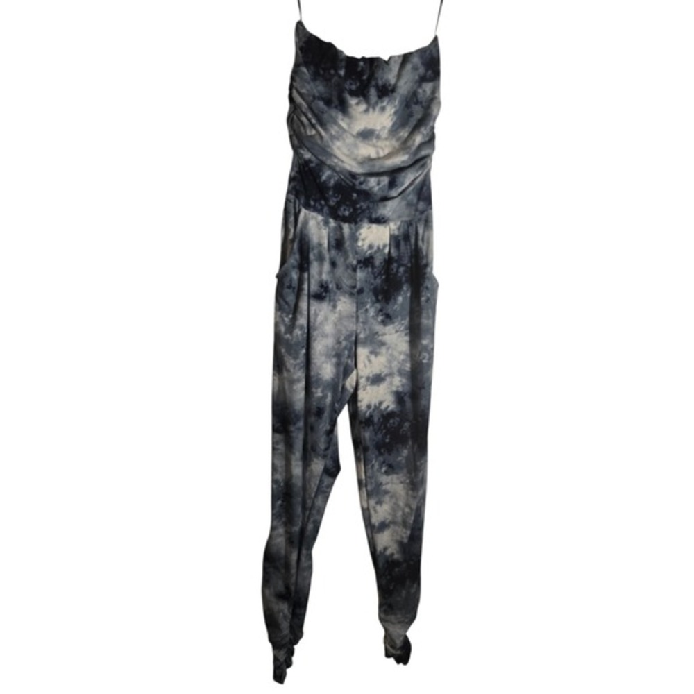 Streetwear Society Tie Dye Strapless Jumpsuit Blue White XS Pleated Ruched‎ Leg